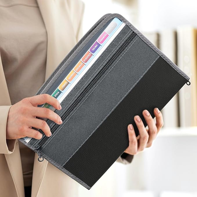 Sooez Accordion File Organizer with Safe Zipper, 8 Pocket Expanding File Folder with Front Pencil Pouch, Portable Monthly Paper Bill Tax Receipt Organizer, School Office Supplies, Letter Size, Black