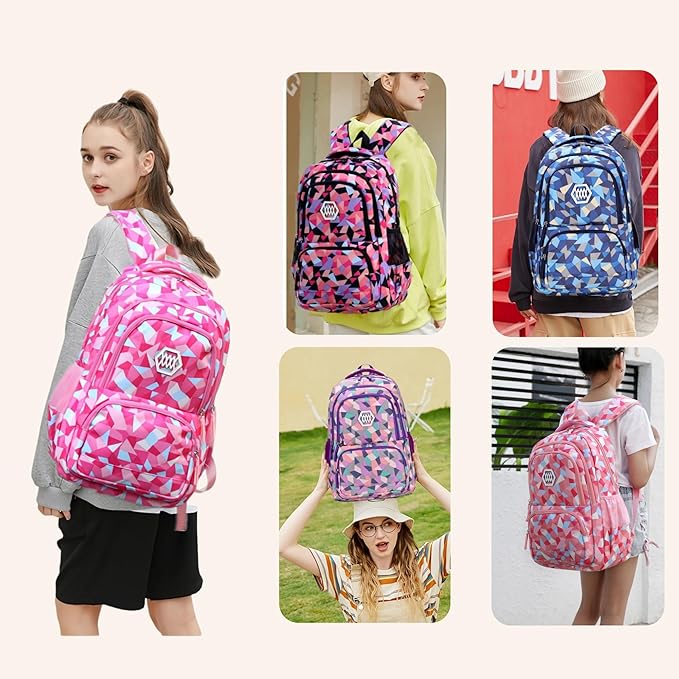3Pcs Geometric Print School Backpack and Lunchbox Set for Girls, School Bag Girls Backpack for School Elementary Bookbags