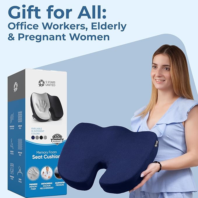 5 STARS UNITED Seat Cushion for Tailbone Pain Relief โ Memory Foam Cushion for Coccyx, Hip, Sciatica & Post-Surgery Recovery โ Wheelchair, Car, Desk, Gaming & Office Chairs, Blue, X-Large