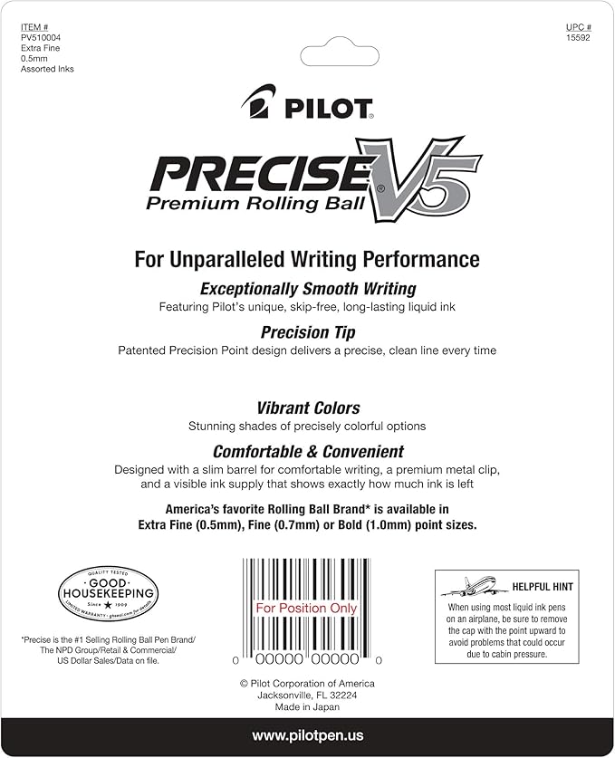 PILOT Precise V5 Rolling Ball Pen Extra Fine Point 0.5mm, 5 Black and 5 Blue Liquid Ink Rollerball Pens. pack of 10