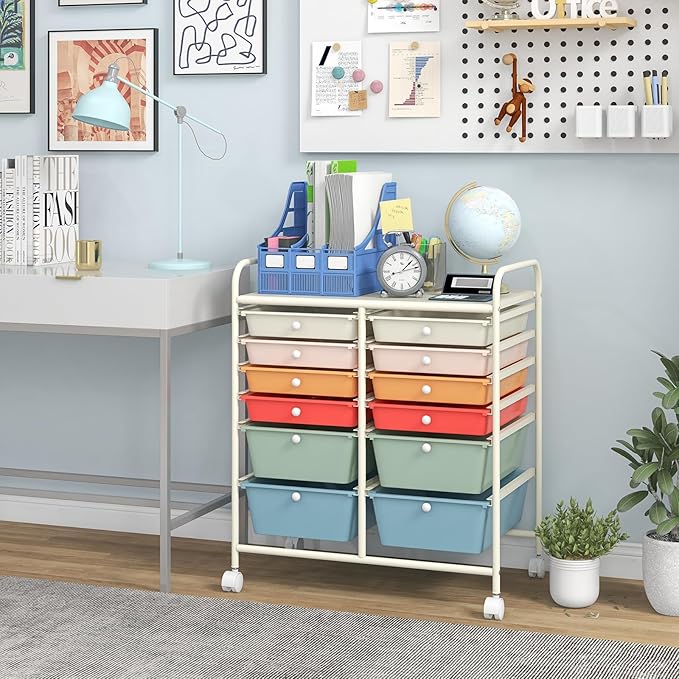 COSTWAY 12-Drawer Rolling Storage Cart, Moveable Art Craft Organizer W/Lockable Wheels, Metal Shelf, Files Arrangement Tools Makeup Storage Cart for Office, Home, School, Macaron