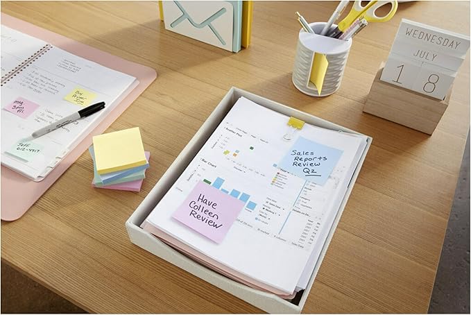 Post-it 100% Recycled Paper Super Sticky Notes, 3 in. x 3 in., 24 Pads, 70 Sheets per Pad, Wanderlust Pastels, New Year Organization or Second Semester School Supplies