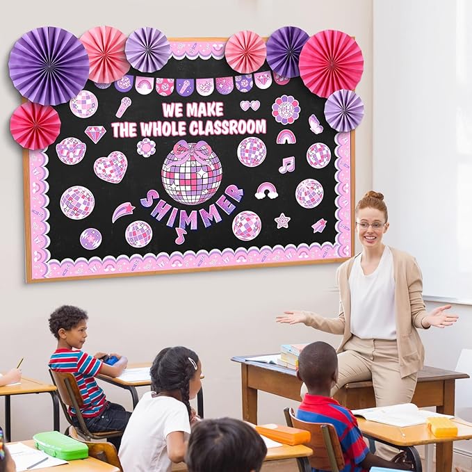 Eersida Spring Bulletin Board Decorations with Paper Fans St Patricks Day 3D Classroom Bulletin Board Christian Easter Flower Bunny Cutouts School VBS Library Church Window Wall Decor(Pink Disco)