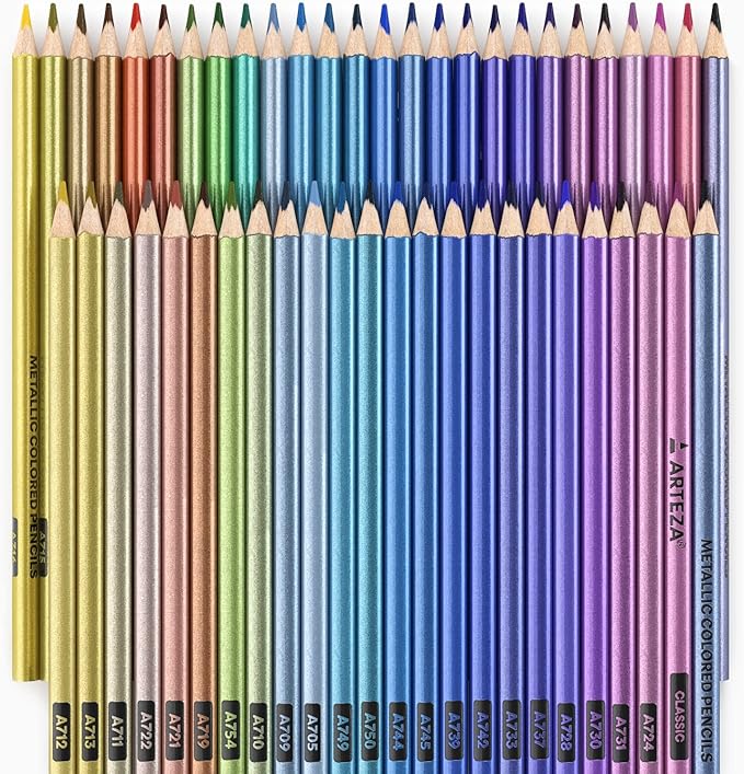 ARTEZA Metallic Colored Pencils, 50 Coloring Pencils, Triangular Grip, Pre-Sharpened Metallic Pencils Set, Art Supplies for Drawing