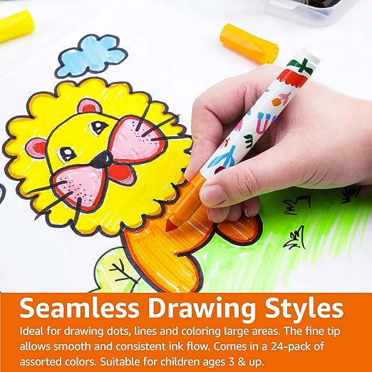 Amazon Basics Washable Markers for Kids, Fine Tip Assorted Colors, Non-Toxic Drawing and Coloring School Supplies Set, Pack of 24