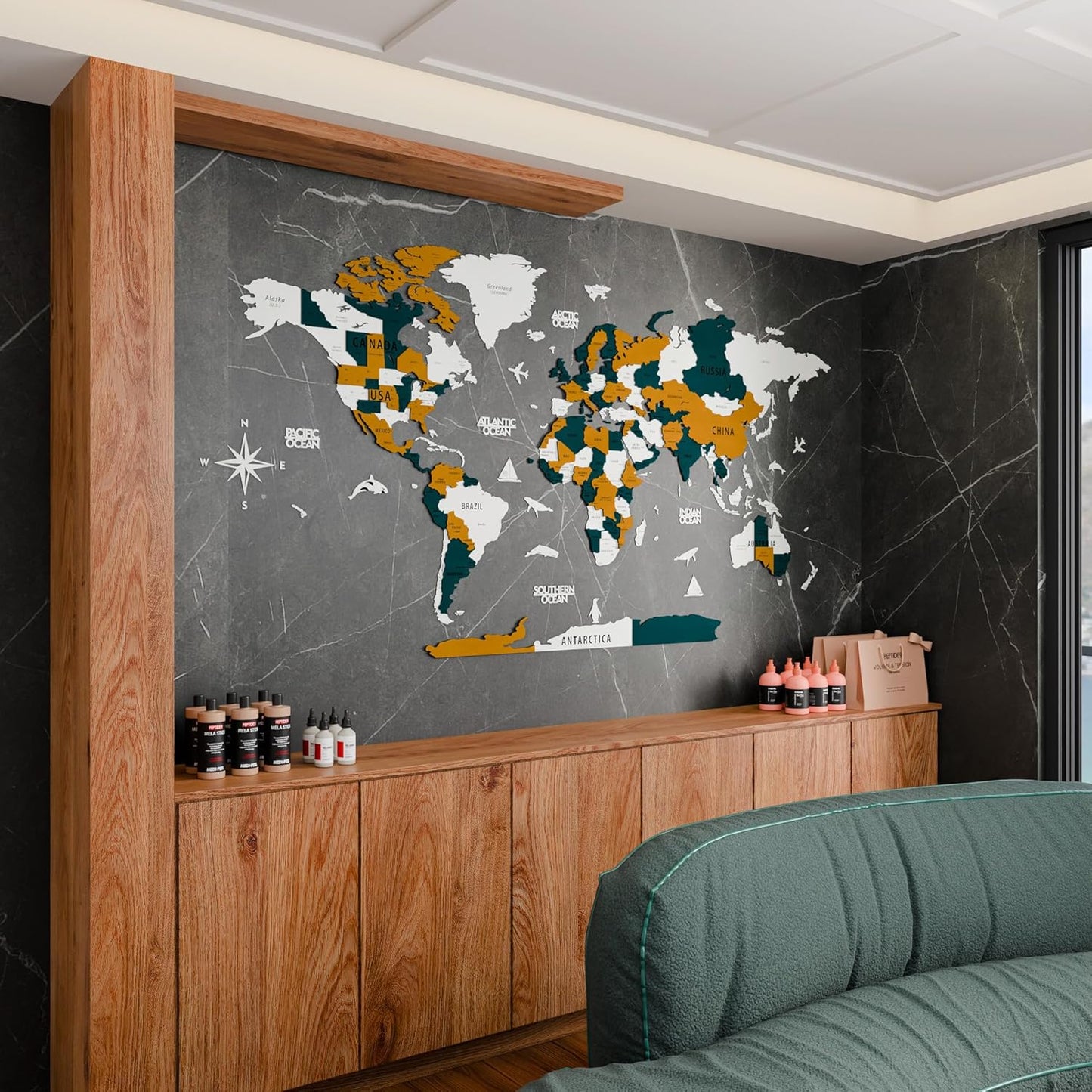 Colorfull Worlds 3D Wooden World Map Wall Art | Unique Wall Decor with Pins for Travel Enthusiasts | Home and Office Wall Décor | Gold-Blue | XXLarge