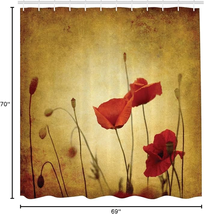 Ambesonne Poppy Flower Shower Curtain, Flower and Buds on Ambient Grunge Background Retro Effects Bohemian, Cloth Fabric Bathroom Decor Set with Hooks, 69" W x 70" L, Pale Brown Vermilion