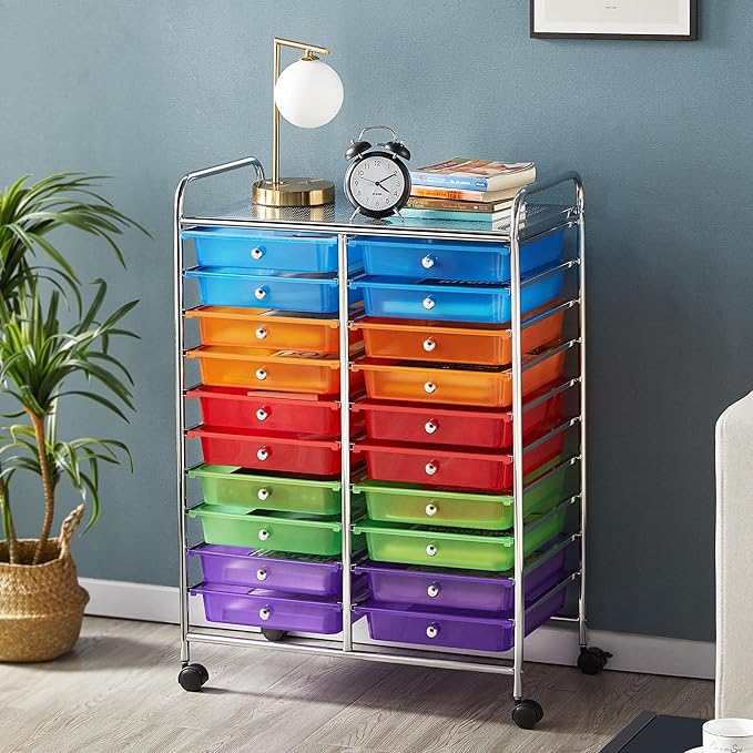 Yaheetech 20 Drawers Rolling Storage Cart Multipurpose Movable Organizer Cart Tools Scrapbook Paper Organizer on Wheels, Multicolor