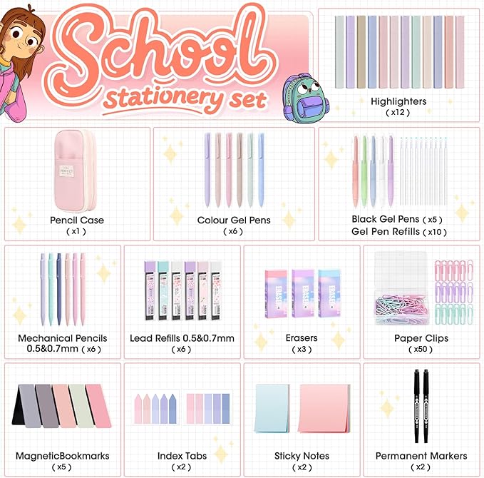 110 PCS Aesthetic School Supplies with Pen Case,12 Pastel Highlighters,5 Black Ink Gel Pens, 6 Mechanical Pencils 0.5 & 0.7mm and So on for Students Stationary College Essentials (Pink-pencilcase)
