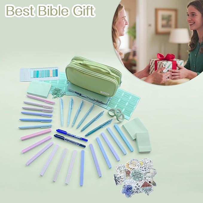 J6&H6 Complete Bible Study Supplies Journaling Kit with Tabs, Highlighters and Color Pens, Notebook,Stickers & More 56pcs Bible Accessories Set for Women, Beginner Christian Gifts(Green)
