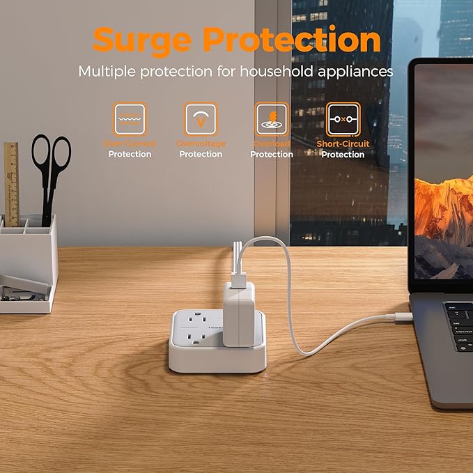 Short Extension Cord with Multiple Outlets 3 FT, TESSAN Small Flat Plug Power Strip with 3 USB (1 USB C) and Multi Outlets, Surge Protector Charging Station for Office, School, Dorm Room Essentials