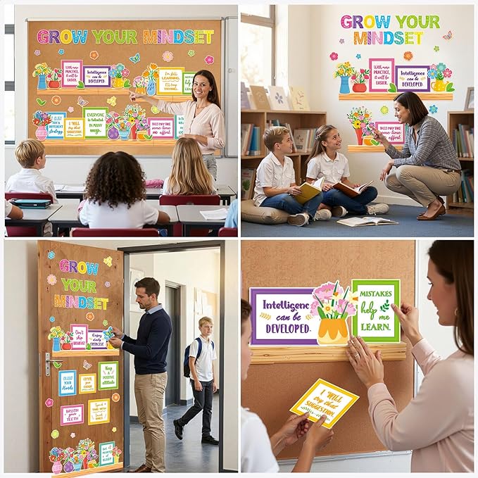 Qilery Grow Your Mindset Bulletin Board Set Spring Floral Classroom Decorations - Motivational Potted Plant Flower Cutouts for Teachers - Positive Affirmations Wall Art for Elementary School Counselor