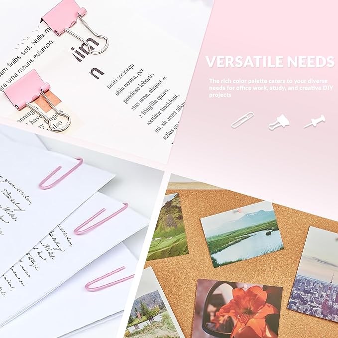 200pcs Paper Clips Binder Clips and Push Pins Set, Mini Clips and Thumb Tacks for Multipurpose Document Organization (Pink)