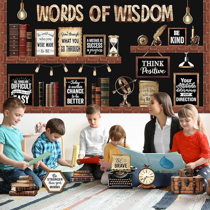 57 Pcs Industrial Chic Bulletin Board Set Inspirational Rustic Classroom Decoration Farmhouse Bulb Typewriter Brick Cutout for School Office Chalkboard Door Wall Decor