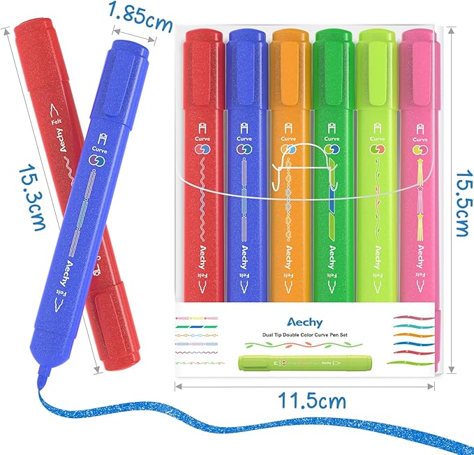 AECHY Dual Tip Glitter Highlighters Set, 6 Colors-Changing Fun Line Style Pens for Writing, Drawing, Sparkle Markers Ideal for Students, Artists, Journaling, Office & School Supplies(6 Pack)