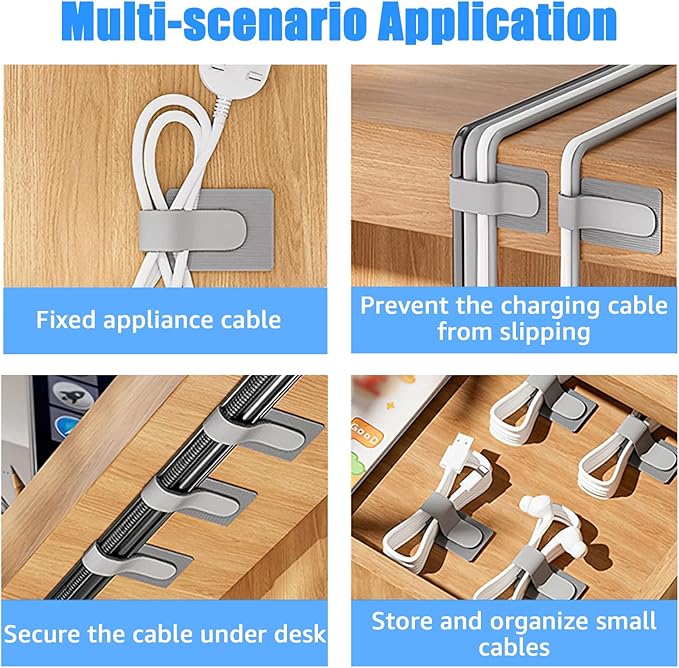 80PCS Hook and Loop Cable Ties, Hook and Loop Cable Straps, Under Desk Cable Management, Adhesive Cable Clips, Sticky-Back Cord Organizer for Desk, Household & Office Organization (Black+Gray)