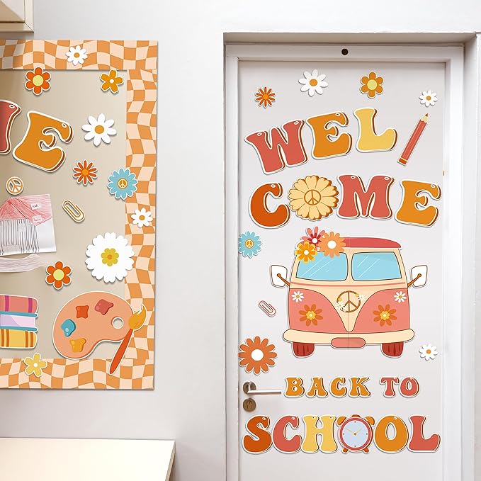 Aneco Retro Boho Welcome Back to School Bulletin Board Decorations Groovy Classroom Decoration Cutouts Motivational Pencil Bus Schoolbag Paper Cutouts for Kindergarten Preschool Wall Door Decor