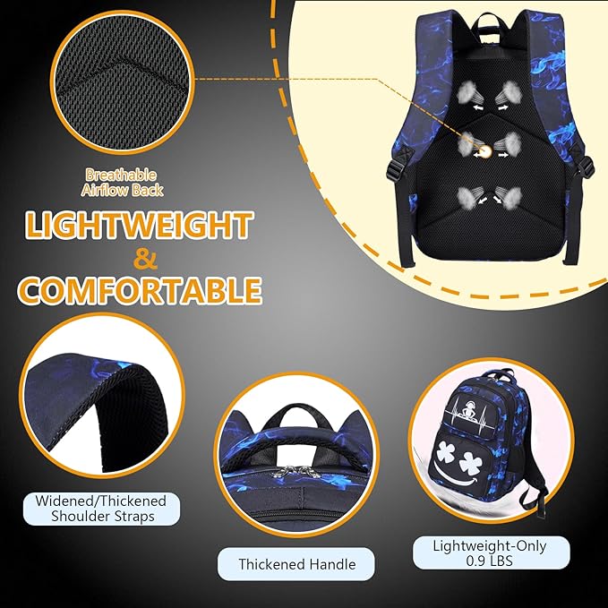 Boys Backpack with Lunch Box Glow in Dark Kids Ages 4-12 Kindergarten Elementary Middle School Teens Bookbag Mochilas Para Niños, Luminous Face Red