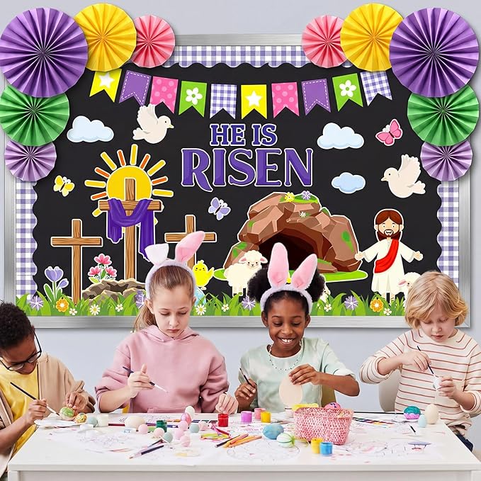 Eersida Spring Bulletin Board Decorations with Paper Fans St Patricks Day 3D Classroom Bulletin Board Christian Easter Flower Bunny Cutouts School VBS Library Church Window Wall Decor(Easter)