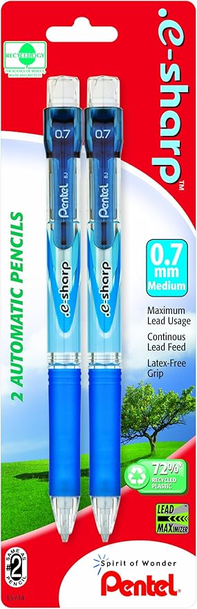 Pentel.E-Sharp Automatic Pencil, 0.7mm, Assorted Barrels, 2 Pack (AZ127BP2M-K6)