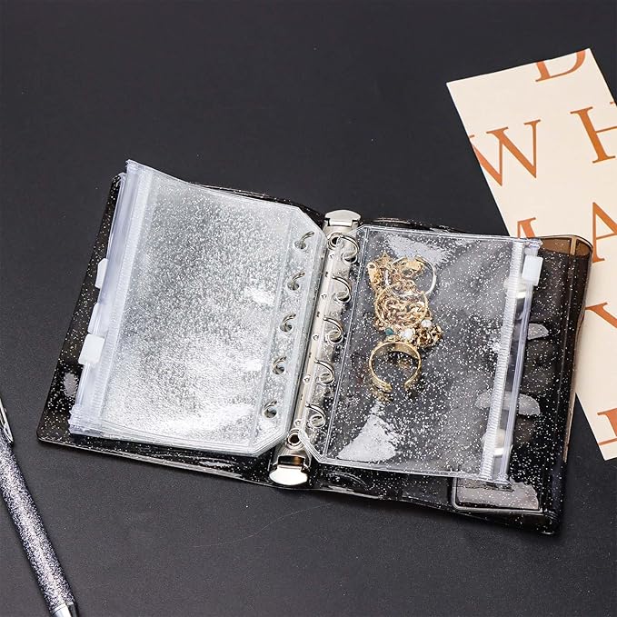 10pcs A8 Cash Stuffing Envelopes Zipper Binder Pockets Clear Glitter PVC 5 Hole Zip Sleeves Loose Leaf Pouches for 5 Ring Binder Planner (A8 3.15" x 4.33")