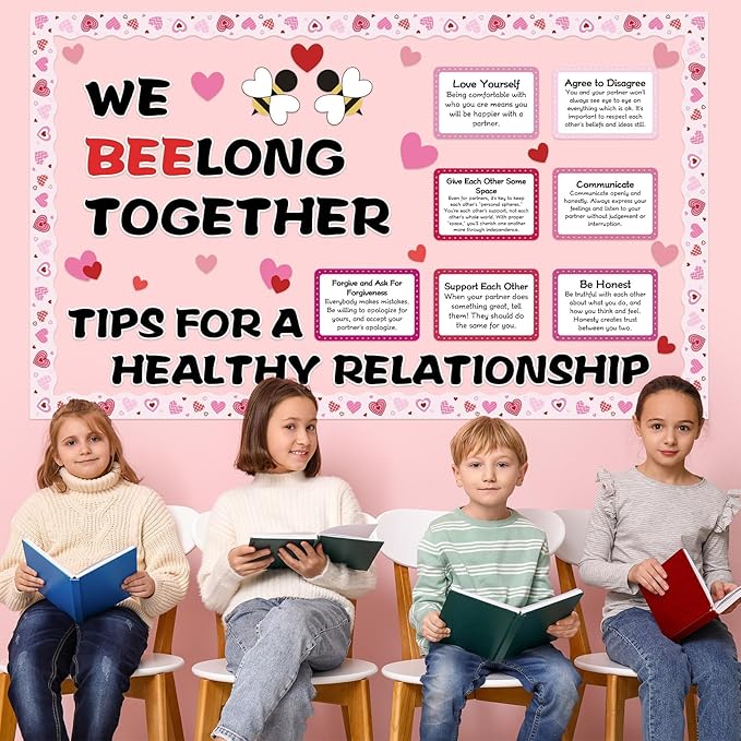 Valentine's Day Bulletin Board Set We Bee Love Heart Classroom Decorations Bee Long Together Paper Cutouts Healthy Relationship Tips Bulletin Board for Valentines School Office Door Decor Supplies