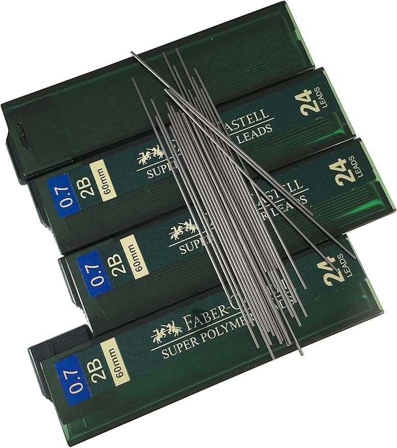 Faber-Castell 0.7mm 2B Super Polymer Premium Strong Dark Smooth Leads Mechanical Pencil Lead Refills For All 0.7 mm Mechanical Pencils (4 Tubes, 24 Leads Per Tube - Total 96 leads)