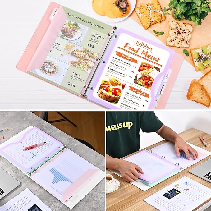 5-Tab Dividers with One Full Pocket, 5 Counts Binder Dividers, 8.5 x 11'' Dividers for 3 Ring Binder 1''/2'' Recipe Binder Dividers with 5 Tabs for Back to School, Pastel Color (1)