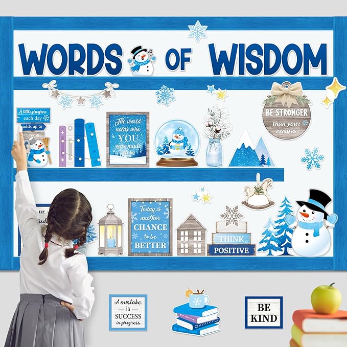 57 Pcs Winter Bulletin Board Set Inspirational Snowflake Bulletin Board Decoration Positive Cutout Classroom Decoration for School Office Home Teacher Classroom Wall Supplies