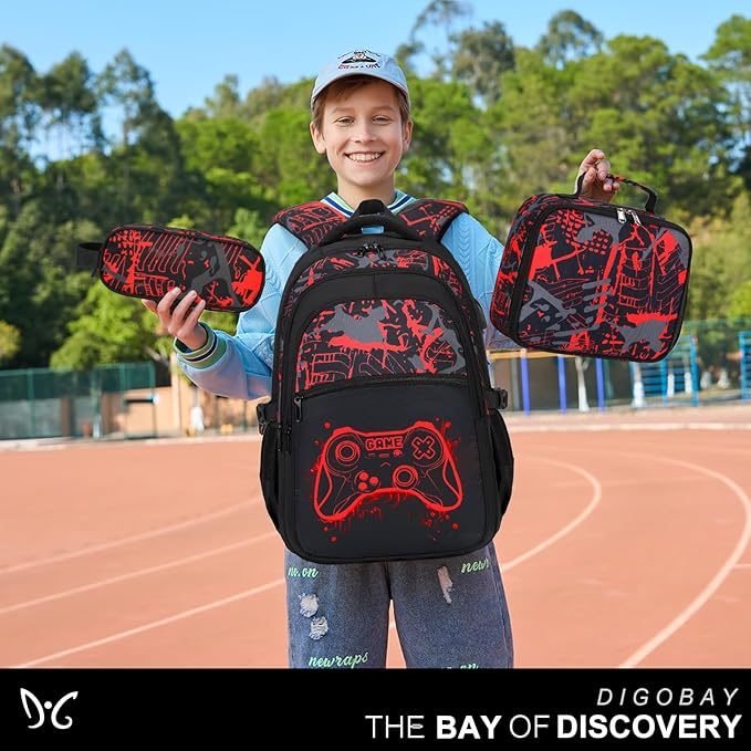 Boys Backpack for School, 3PCS Cool Luminous Gamer Backpack for Boys with Lunch Box Pencil Case, Kids Backpacks Bookbag for Teen Boy Elementary Middle High School with USB Charging Port