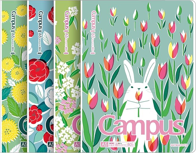 KOKUYO Composition Notebooks, 4 Pack Campus A5 Lined Notebooks with 8mm Dot Ruled, 80 Sheets with PVC Pocket Cover, School Comp Book in Animals, Journal Notebook for Women Work Study Note Taking