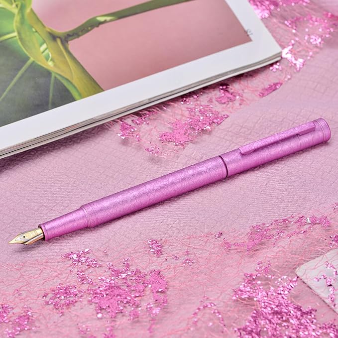 Hongdian 1851 Forest Fountain Pen Pink Ice Flowers, Bent Nib Classic Design with Converter and Metal Pen Case