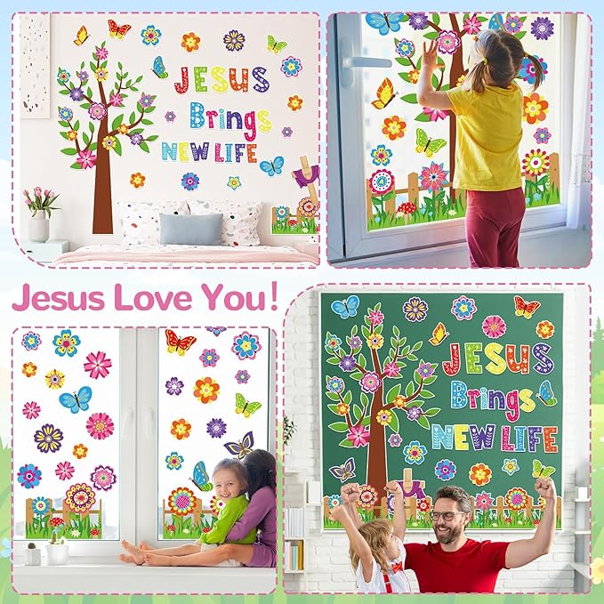 gisgfim Christian Spring Bulletin Board Decoration Set Religious Flower Tree Borders Cutouts for Party School Classroom Door Welcome Easter Bulletin Board Craft Home Wall (Jesus Brings New Life)