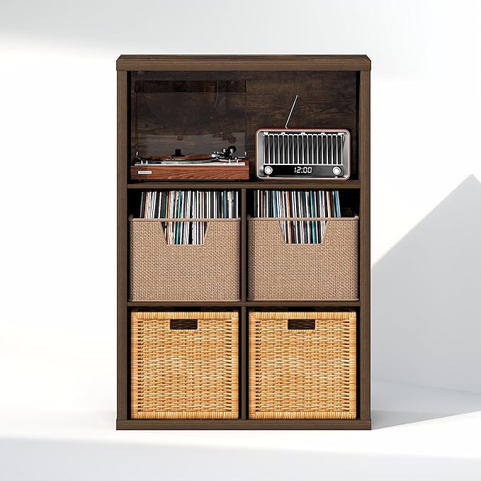 Furinno Cubicle Record Player Stand with Vinyl Storage, 5-Cube 1.2 Extra Thick Vinyl Record Storage, Open Back Media Shelf for CD DVD Blueray Game Disc, for Living Room, Home Office, Amber Pine