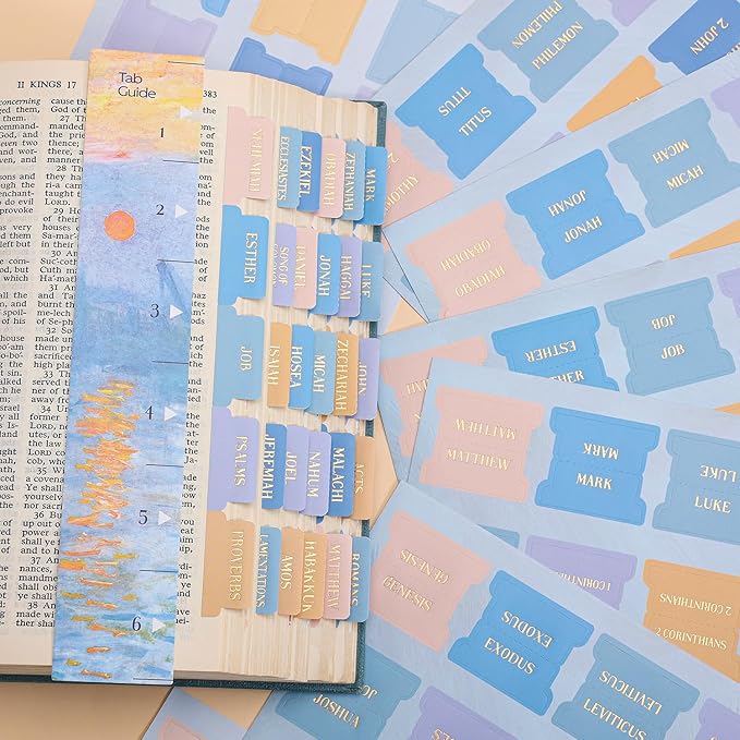 Bible Tabs, 66 Gold Foil Pre-Printed Chapter Labels + 39 Blank Impression Sunrise Theme Laminated Index Tabs with Alignment Ruler, Bible Journaling Study Supplies for Women & Men, Bible Accessories