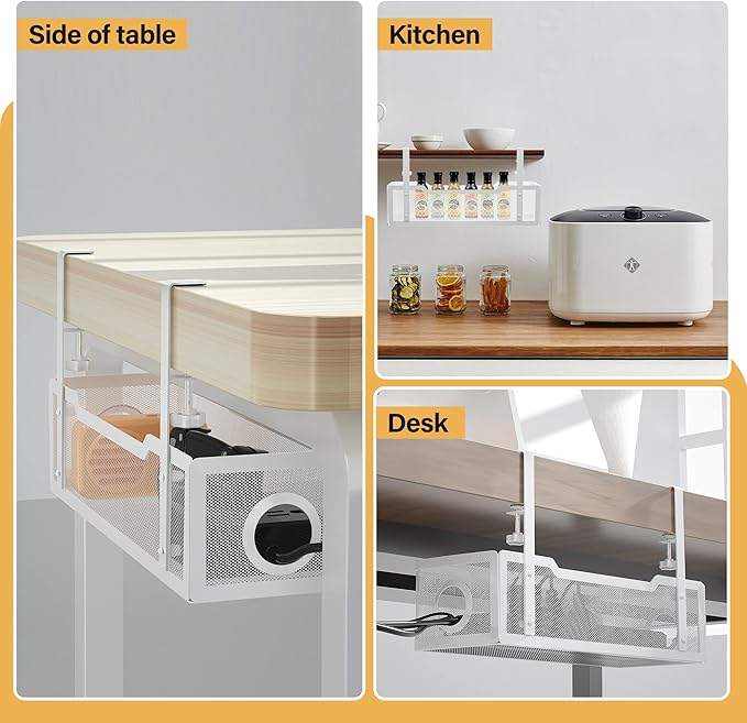 Under Desk Cable Management Tray White, Cinati Wire Organizers No Drill, Cable Tray with Clamp for Wire Management, Cord Organization Box for Office, Home - No Damage to Desk