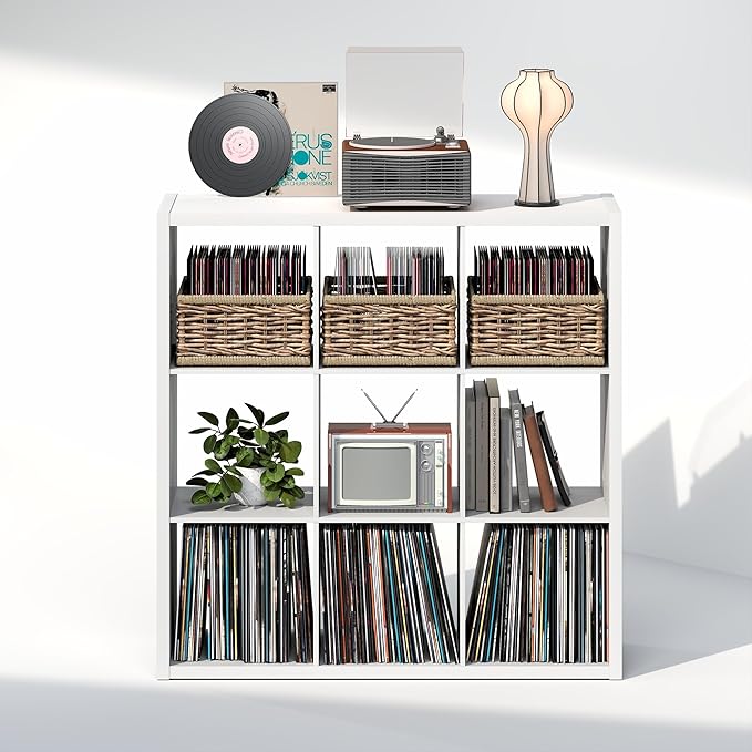 Furinno Cubicle Record Player Stand with Vinyl Storage, 9-Cube 1.2 Extra Thick Vinyl Record Storage, Open Back Media Shelf for CD DVD Blueray Game Disc, for Living Room, Home Office, White
