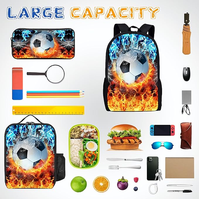 3PCS Soccer Backpack Set for Boys, Lightweight Large Backpack with Lunch Box & Pencil Case, Cool Sport Bookbag for Kids, Back to School Backpacks for Elementary & Middle School - 01