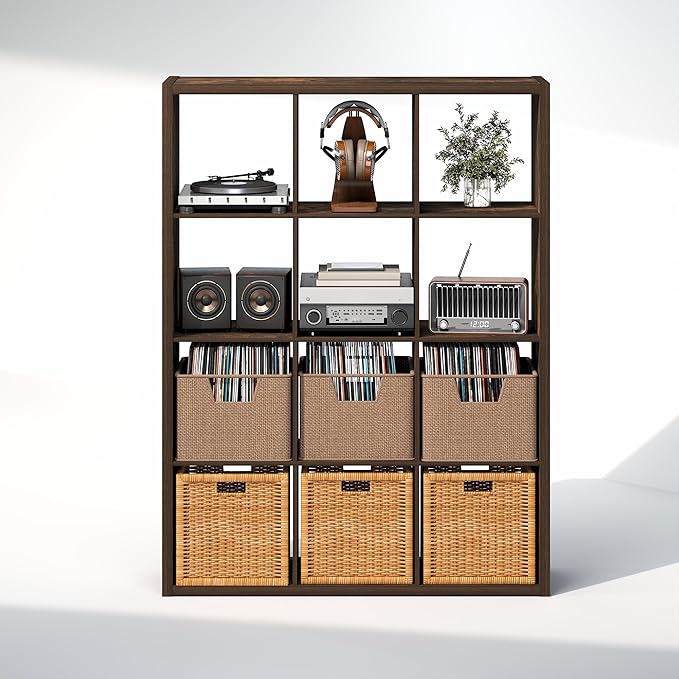 Furinno Cubicle Record Player Stand with Vinyl Storage, 12-Cube 1.2 Extra Thick Vinyl Record Storage, Open Back Media Shelf for CD DVD Blueray Game Disc, for Living Room, Home Office, Amber Pine