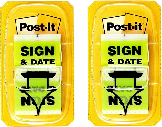 Post-it Sign and Date Flags, 50/Dispenser, 2 Dispensers/Pack, 1 in Wide, Bright Green (680-SD2) (Pack of 2)