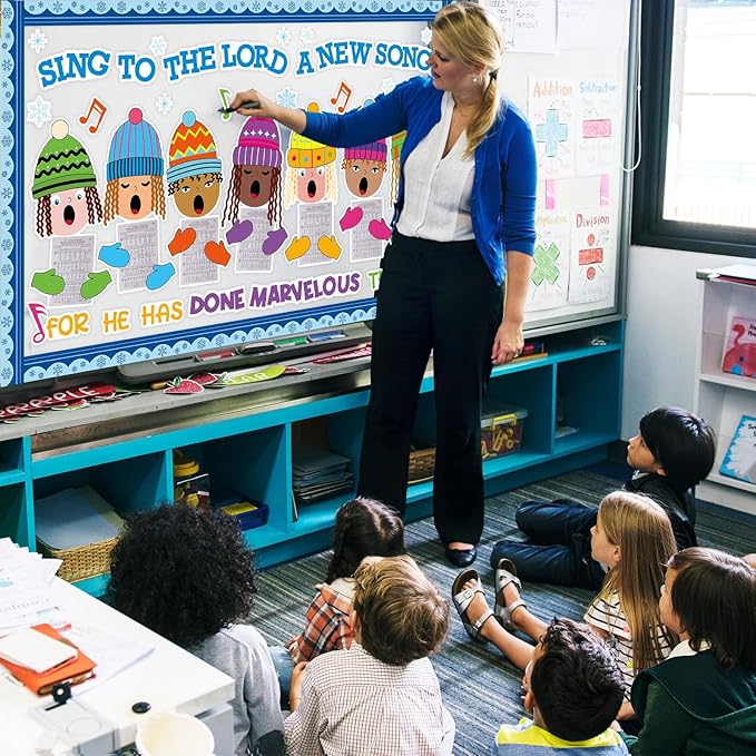 Christmas Religious Bulletin Board Decorations Set Xmas Bulletin Board Winter Hats Choir Cutouts Sing a Song to The Lord Classroom Sunday School Home Chalkboard Wall Holiday Party Decor Supplies