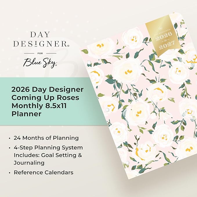 Blue Sky Day Designer 24 Month 2026 Monthly Planner Calendar, January 2026 - December 2027, 8.5" x 11", Flexible Cover, Stapled Binding, Coming Up Roses