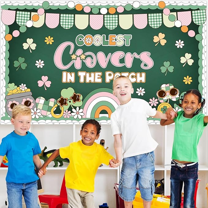 St. Patrick's Day Bulletin Board Decoration Boho Hippie Groovy Classroom Bulletin Board Set Lucky Shamrock Clover Rainbow Daisy Flower Paper Cutouts for Irish Holiday School Chalkboard Wall Door Decor