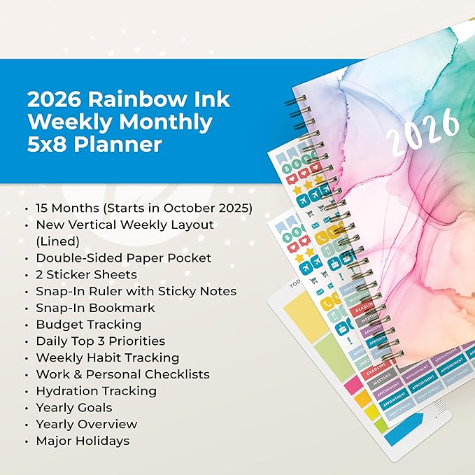 Blue Sky 15 Month 2026 Weekly and Monthly Planner Calendar, October 2025 - December 2026, 5" x 8", Hard Cover, Durable Twin Wire Binding, Laminated Tabs, Storage Pocket, Includes Ruler, Sticky Notes & Stickers, Rainbow Ink