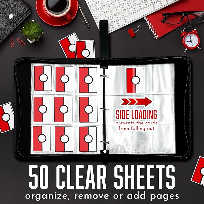 Card Binder 13"x10.5"x1.8", PU Leather Zipper Case with Handle, 9 Pocket Double Sided Pages, Holds 900 Cards, Red White Design, 3 Ring Binder with Velvet Liner for Collectible Cards