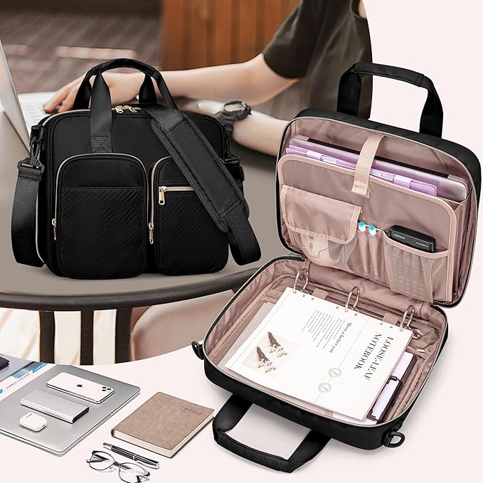 3 Ring Zipper Binder, 2 Inch Ring Binder Organizer Bag with Shoulder Strap Fits 13 Inch Laptop and 500 Sheets, Black (Empty Bag Only)
