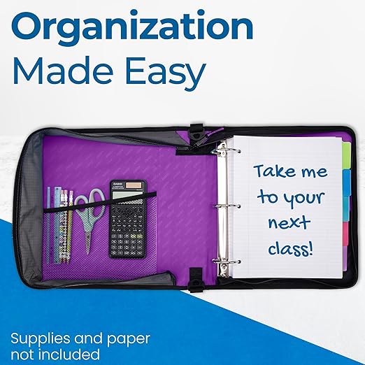 Case-it Classic Zipper Binder | 2-Inch O-Rings, 350 Sheet Capacity, Multiple Storage Pockets & Shoulder Strap | School & Office Organizer | D-251 Deep Purple