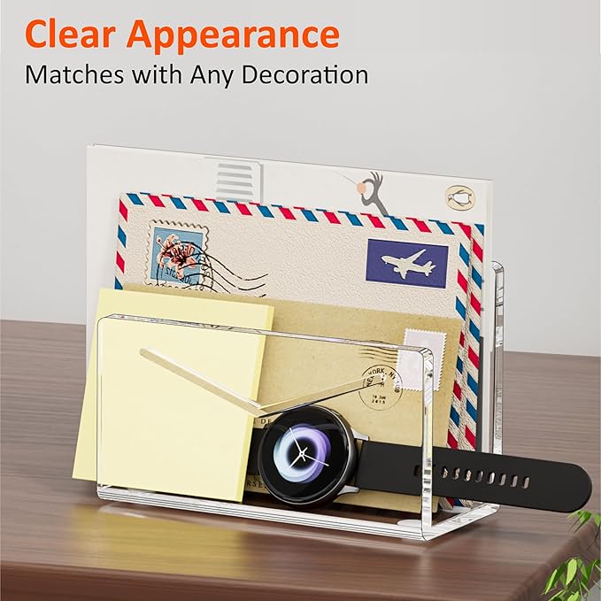 Acrylic Mail Holder, Clear Acrylic File Letter Organizer, Vertical Envelope Mail Holder for Desk, Lightweight Countertop Bill Holding Sorter Letter Invoice Stand for Home Office School