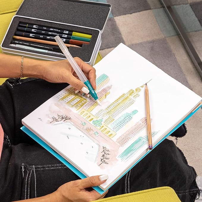 Tombow 56305 Urban Sketching Set, 8-Piece Art Set with Dual Brush Pens, Colored Pencils, Water Brush, Mechanical Pencil, Drawing Pen