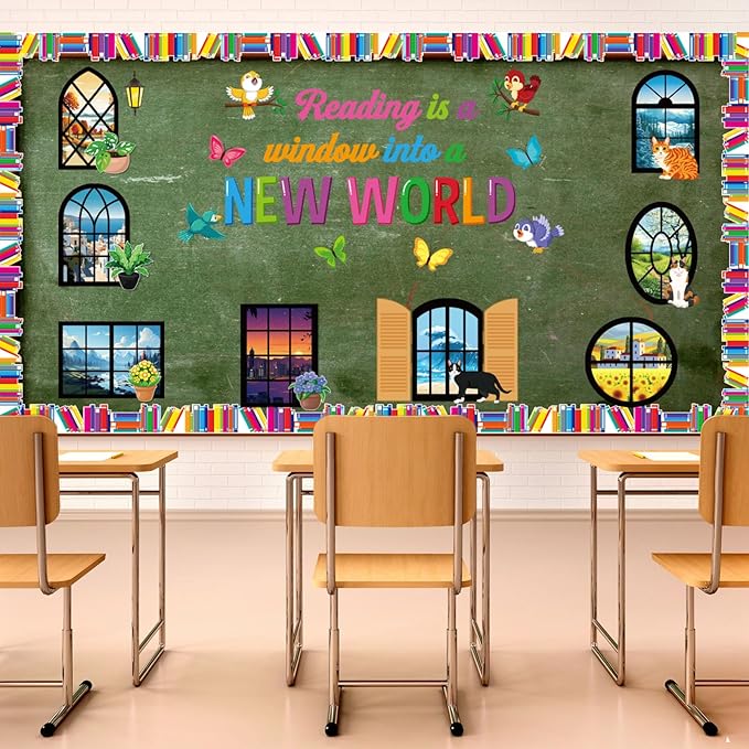 Honoson 56 Pcs Spring Reading Bulletin Board Set Back to School Classroom Decor Reading is a Window Bulletin Boards Book Border for Spring Motivational Library Classroom Chalkboard Wall Decor(Window)